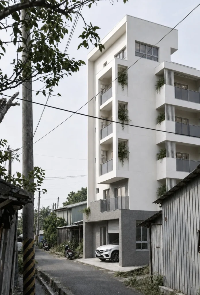 狹窄巷道中的白色多層住宅外觀與錯落植栽陽台